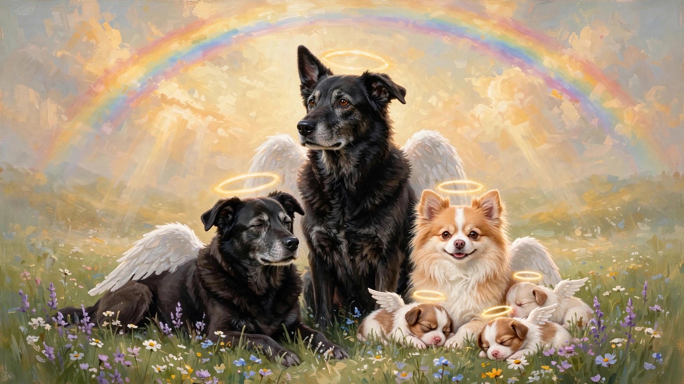 All three dogs and puppies as angels